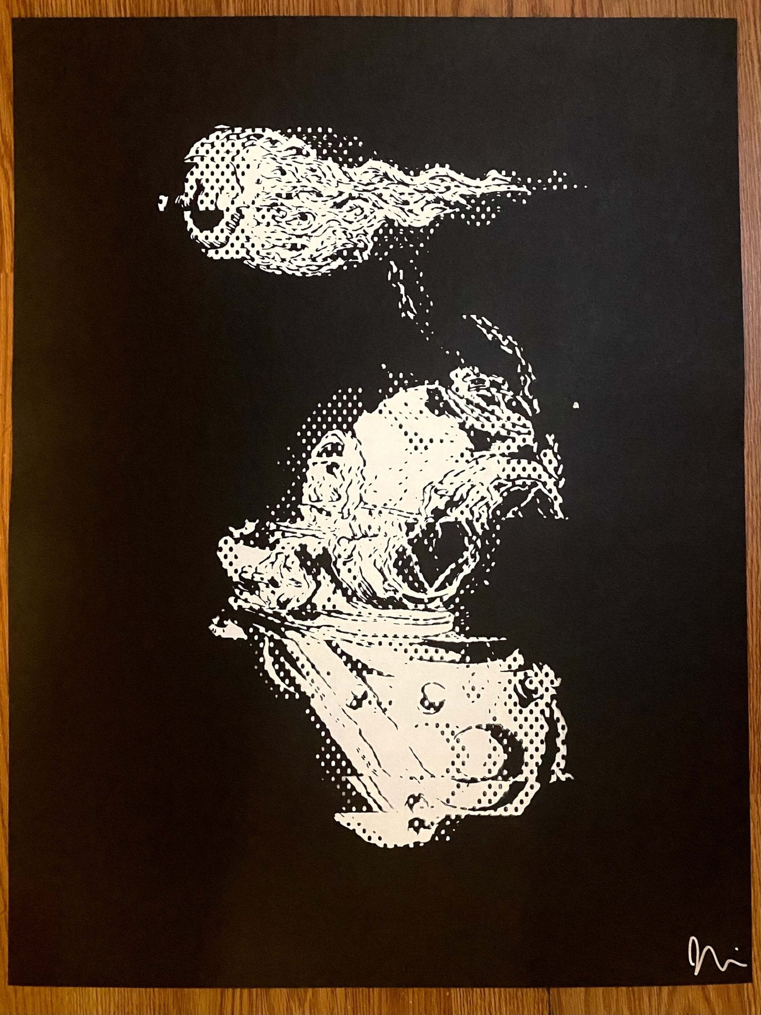 Beyond the Sea GL1TCH Serigraph in white ink on black paper, showcasing modern graphic designs and unique streetwear aesthetics.
