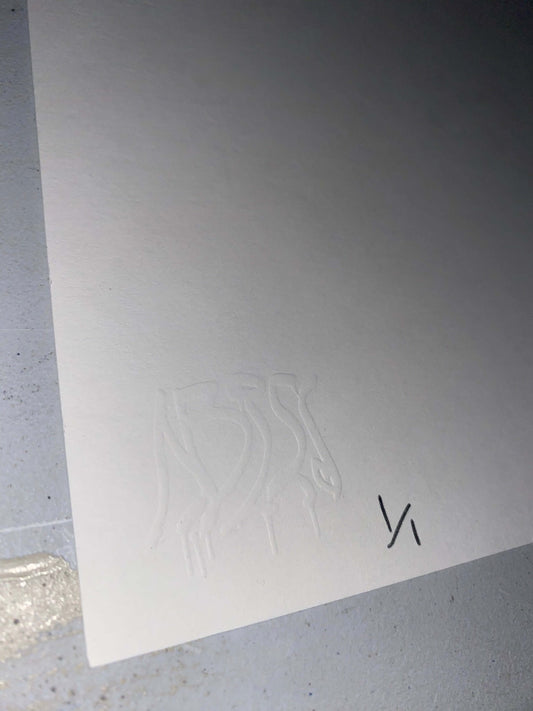 Embossed detail on "Beyond the Sea" Dead Cobalt Serigraph, showcasing unique art design and quality craftsmanship.