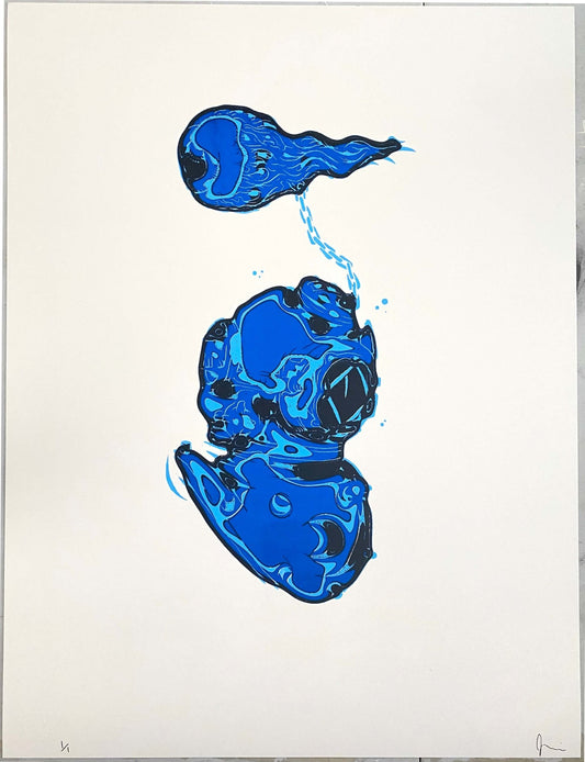 Hand printed serigraph titled 'Beyond the Sea' featuring bold blue graphics on off-white paper from Abiss Apparel.
