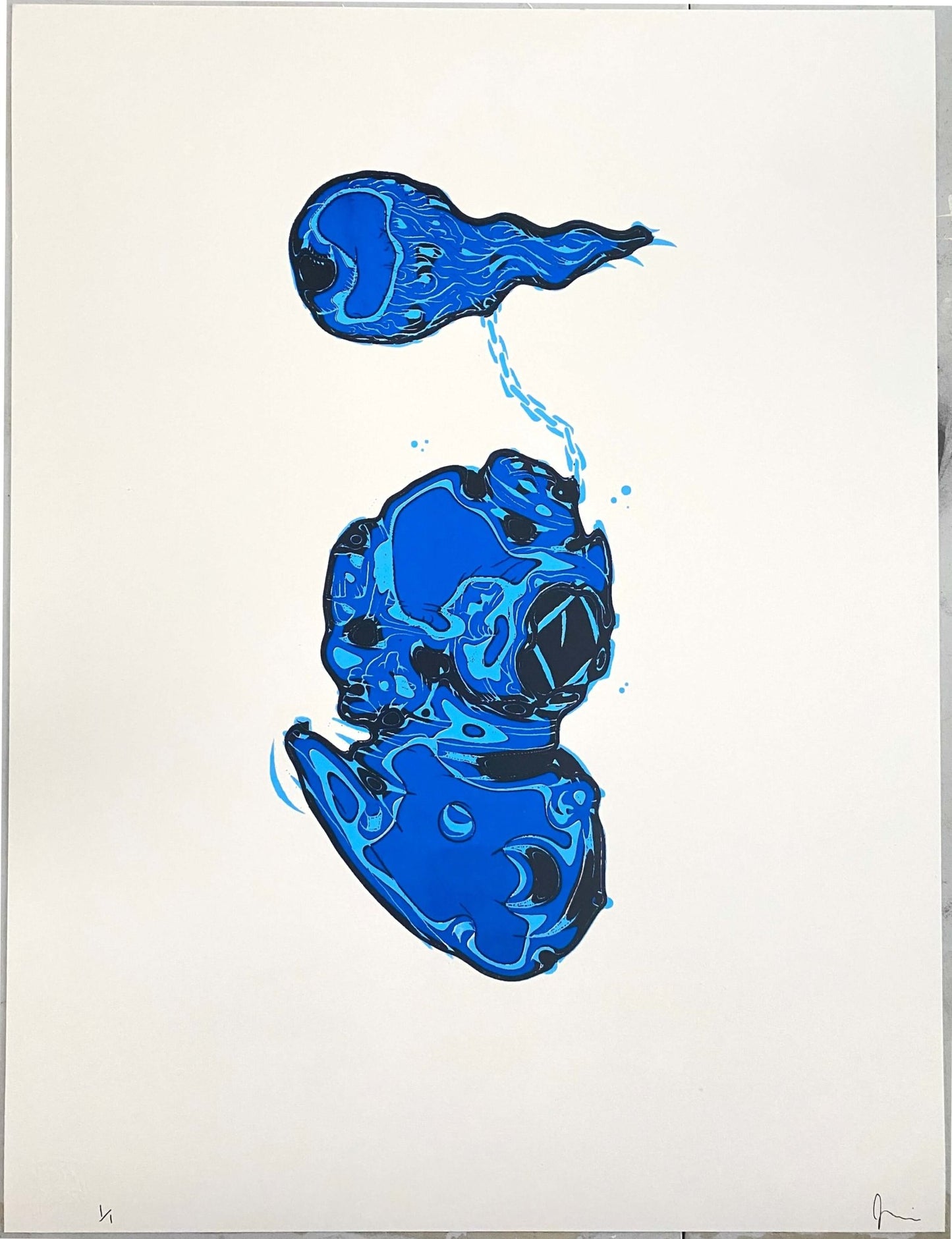Hand printed serigraph titled 'Beyond the Sea' featuring bold blue graphics on off-white paper from Abiss Apparel.