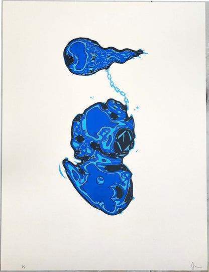 Hand printed serigraph titled 'Beyond the Sea' featuring bold blue graphics on off-white paper from Abiss Apparel.